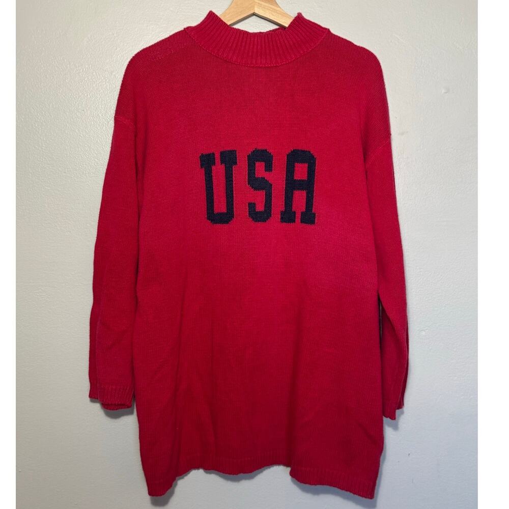 Vintage Liz Claiborne Womens Size M Mock Neck Red & Blue USA Sweater 100% Cotton